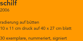 schilf - beschreibung: radierung (10 x 11 cm) auf bütten (40 x 27 cm), 30 exemplare, nummeriert und signiert, 2006